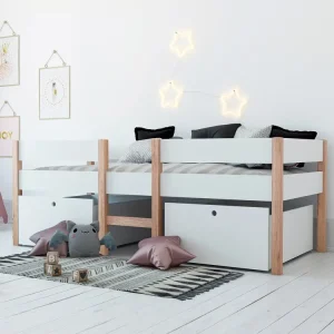 Hög vit enkelsäng med förvaring 90×200