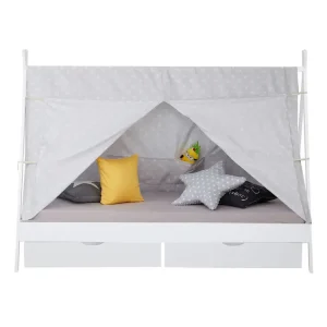 Vit hussäng tipi med gardin och förvaringslådor 90×200