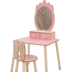 Sminkbord krona med kaninstol, rosa/natur