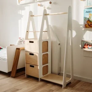Duck Woodworks, garderob klädstång med lådor, vit/natur