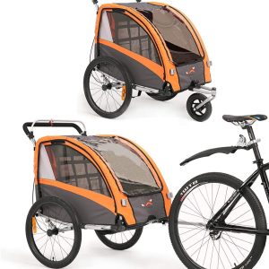 Barncykelsläp och barnvagn 2 i 1 trailer jogger för barncykelsläpvagn med buggy-set + fjädring BT504S (orange)