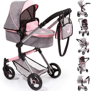 Bayer Design 18433AA Barnvagn, docka kombi barnvagn Neo Vario med skötväska och underkundvagn, vikbara, svängbara framhjul, grå jeans-Look, rosa, fjäril