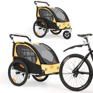 2-i-1 cykeltrailer 360° vridbar barnvagn tvåsitsig med handtagbroms och cykelskydd baby jogging enhet BT502