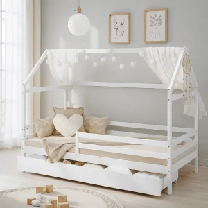 Vit Montessori hussäng 90×200 cm med förvaringslåda
